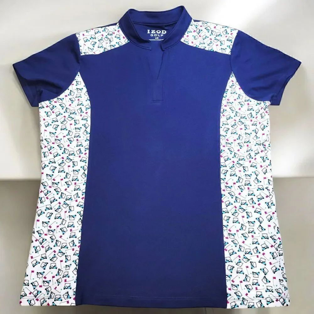 Izod womens blue golf theme golfcart flag print polo top
